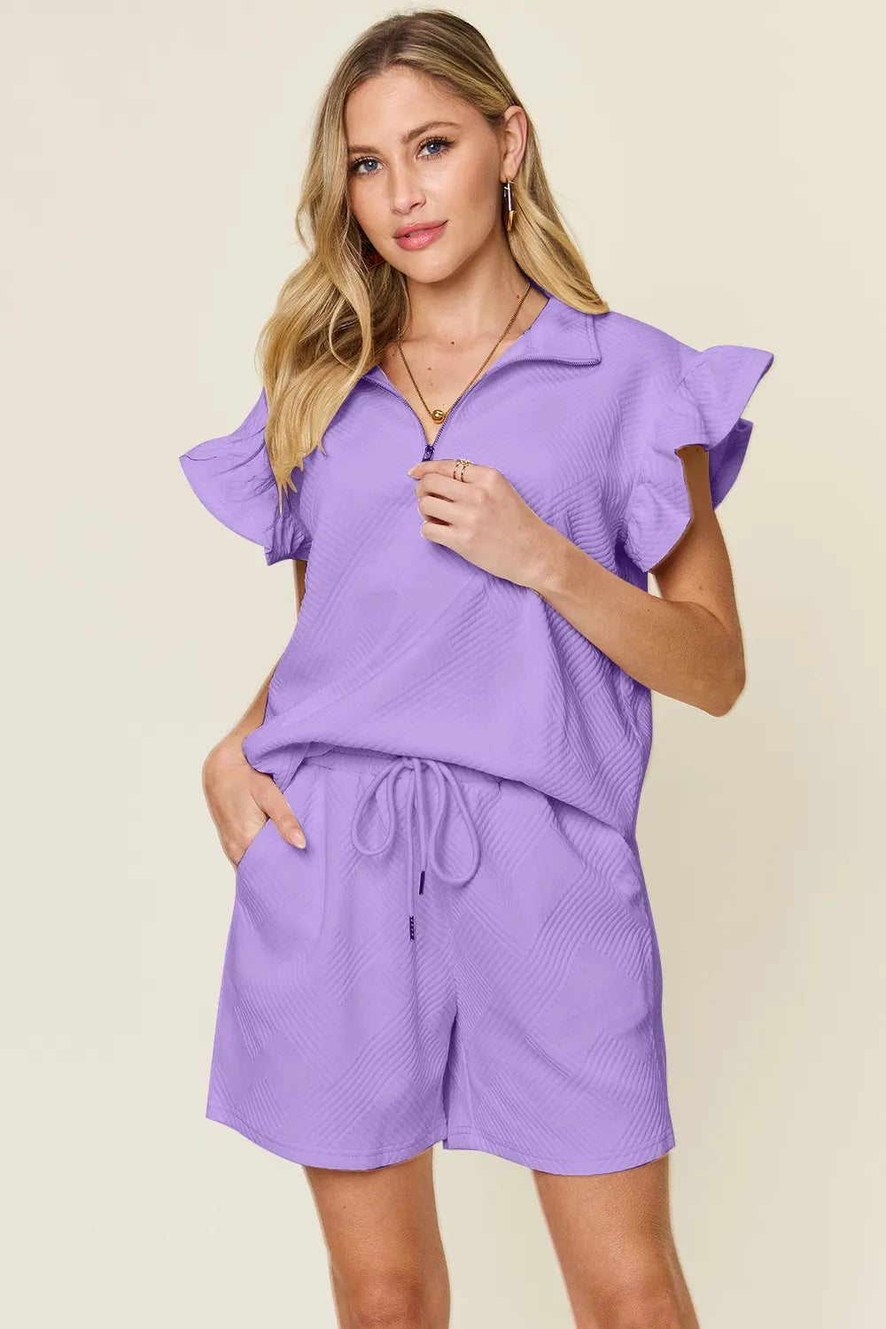 Double Take Full Size Texture Flounce Sleeve Top and Drawstring Shorts Set Lavender