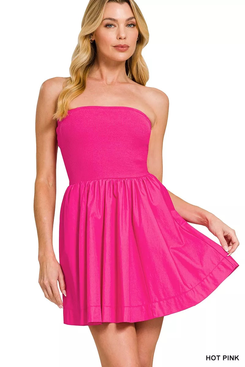 Zenana Combined Knit Tube Top Flare Mini Dress HOT PINK