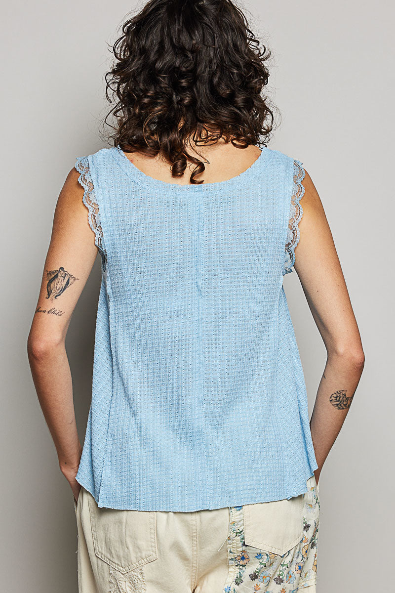POL Textured Knit Round Neck Tank with Lace Detail