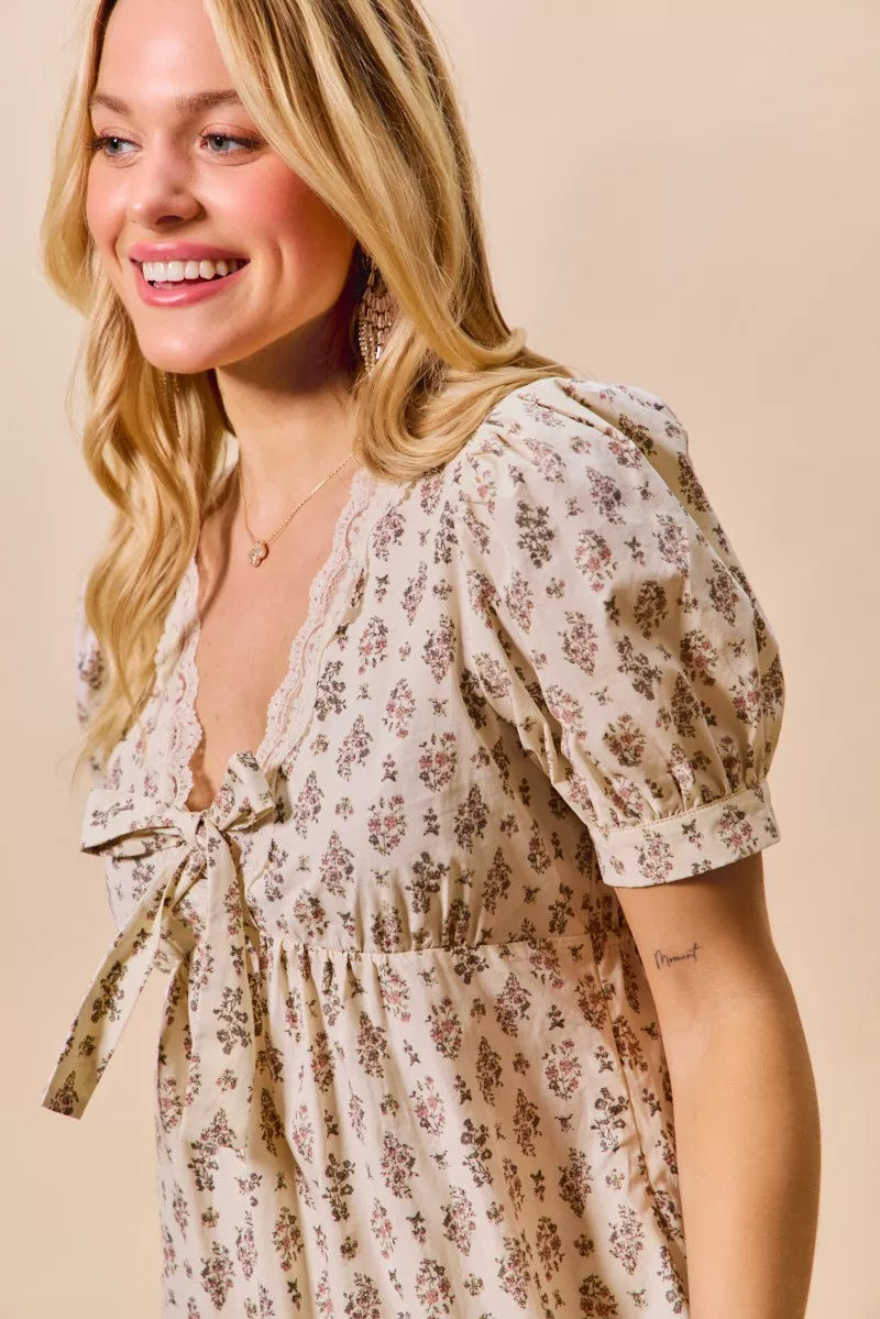 SO ME Floral Print Lace Trim Short Sleeves Mini Dress