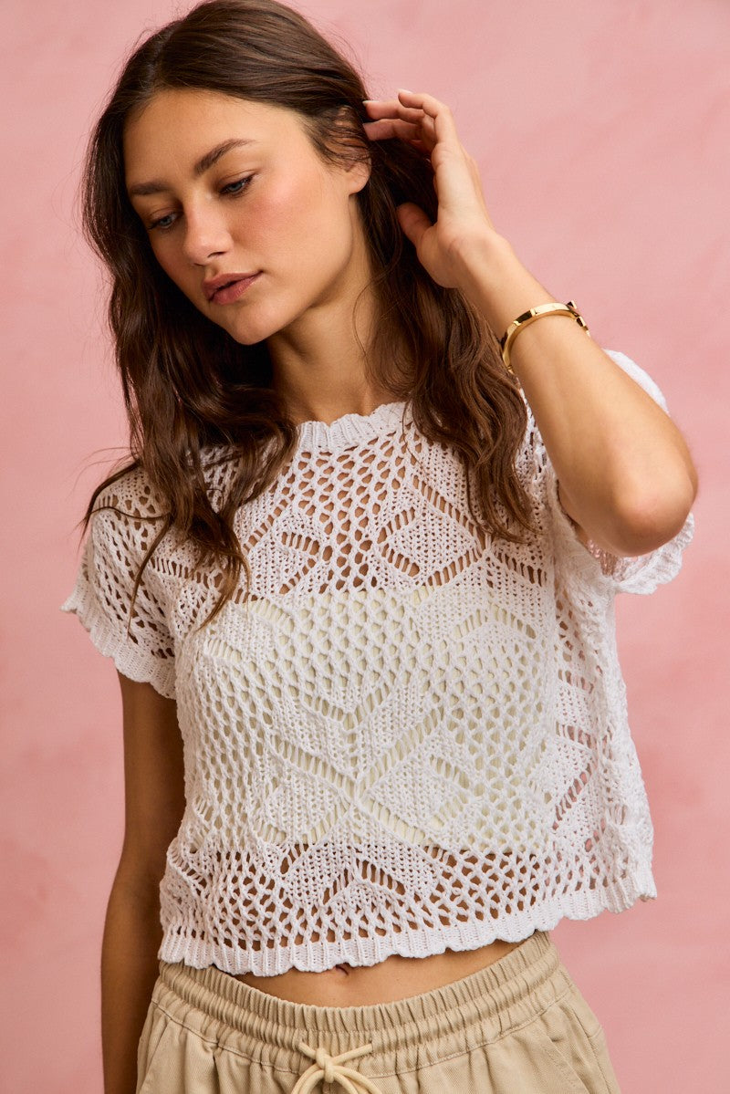 SO ME Crochet Scallop Edge Short Sleeves Knit Cover Up