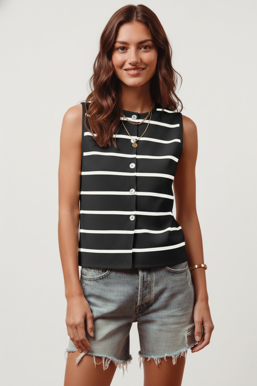 SO ME Button Front Stripe Fine Sweater Sleeveless Top