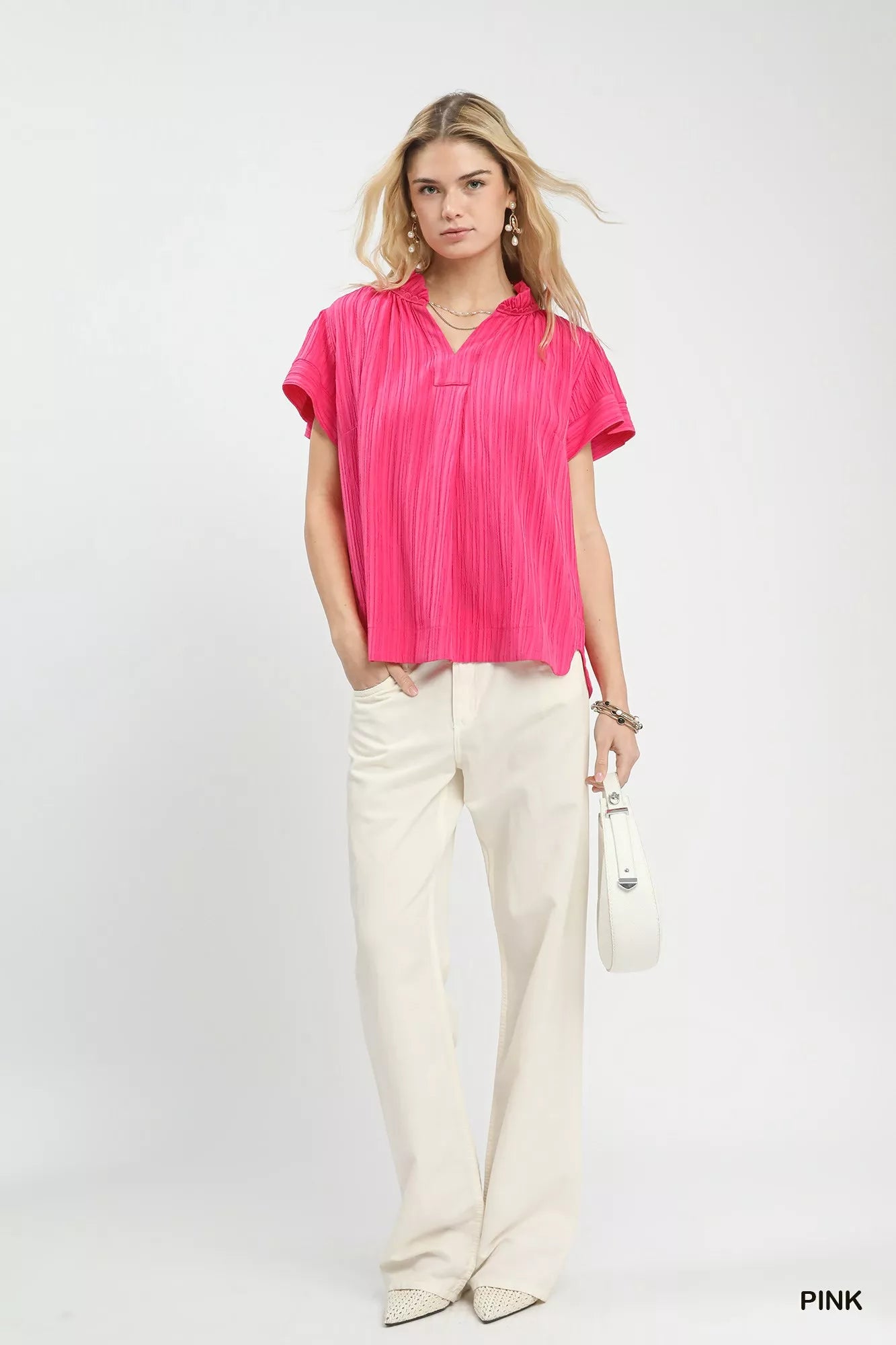 Umgee Texture Flutter Sleeve Notched Blouse