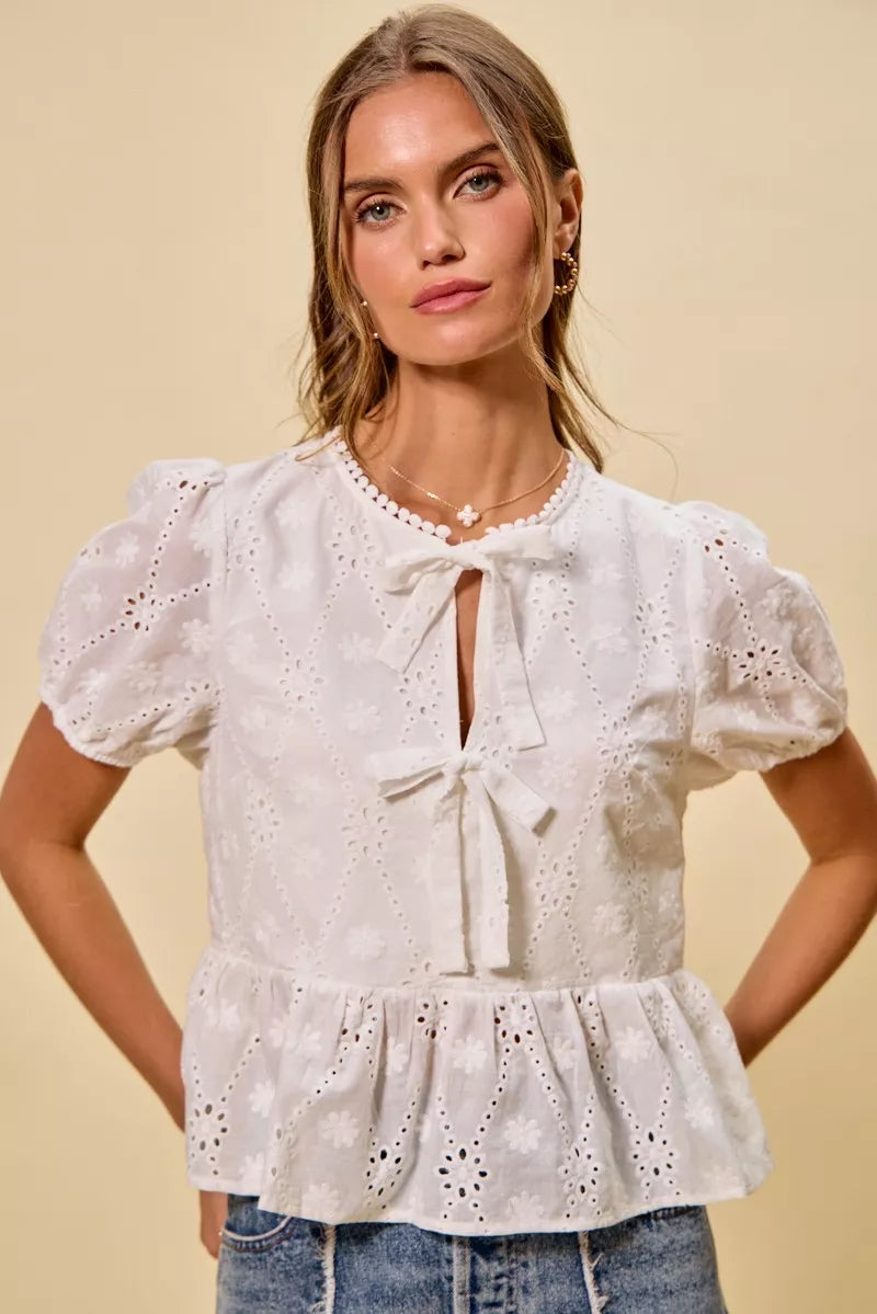 SO ME Cotton Eyelet Front Tie Short Sleeves Blouse