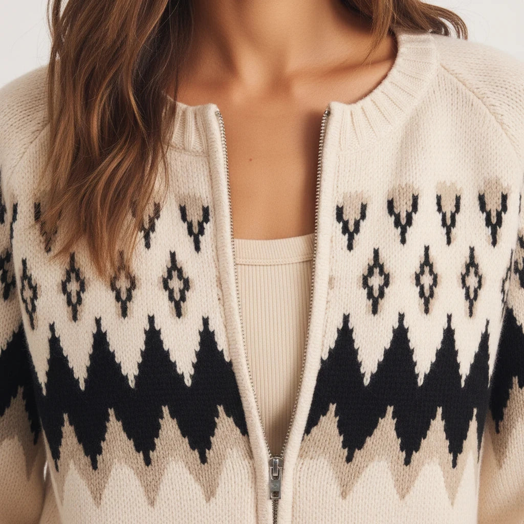 Apricot Lane Duluth Aspen zip-front cardigan in cream and black with a classic Fair Isle knit pattern on the shoulders.