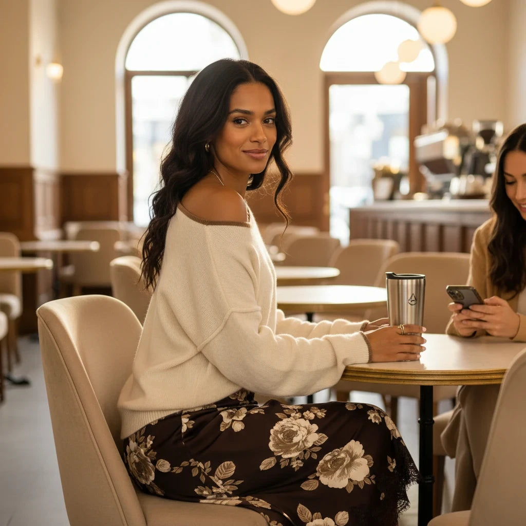 Woman wearing an Apricot Lane Duluth cream-colored Autumn Glow Sweater with a relaxed fit at a cafe table.