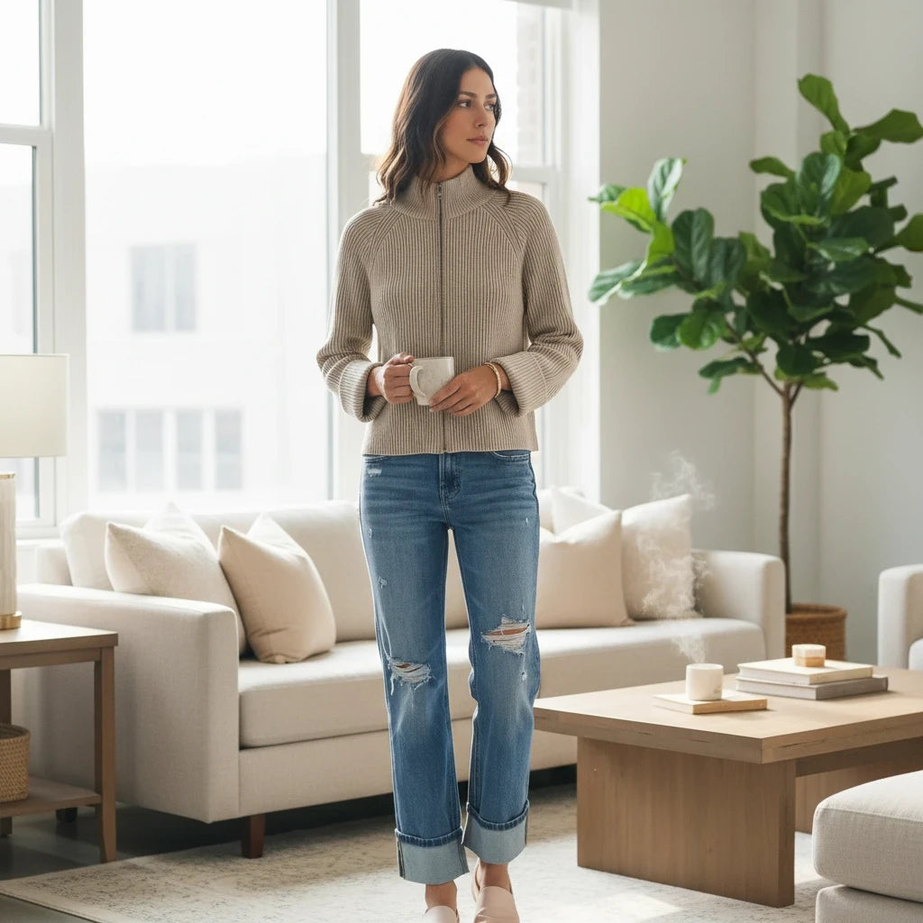 Apricot Lane Duluth Avery beige textured zip-up knit cardigan worn by a woman with blue jeans in a bright living room