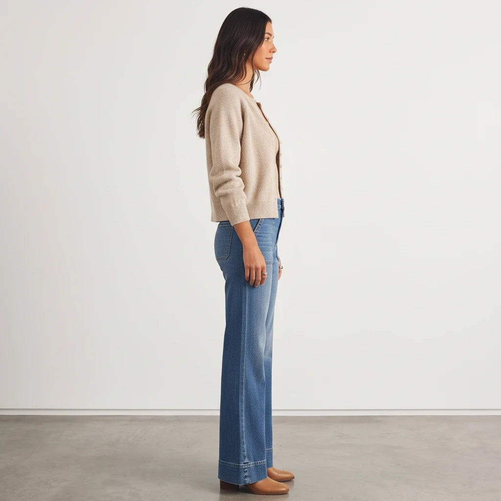 Apricot Lane Duluth beige button-front knit cardigan worn by a model with blue jeans and tan boots