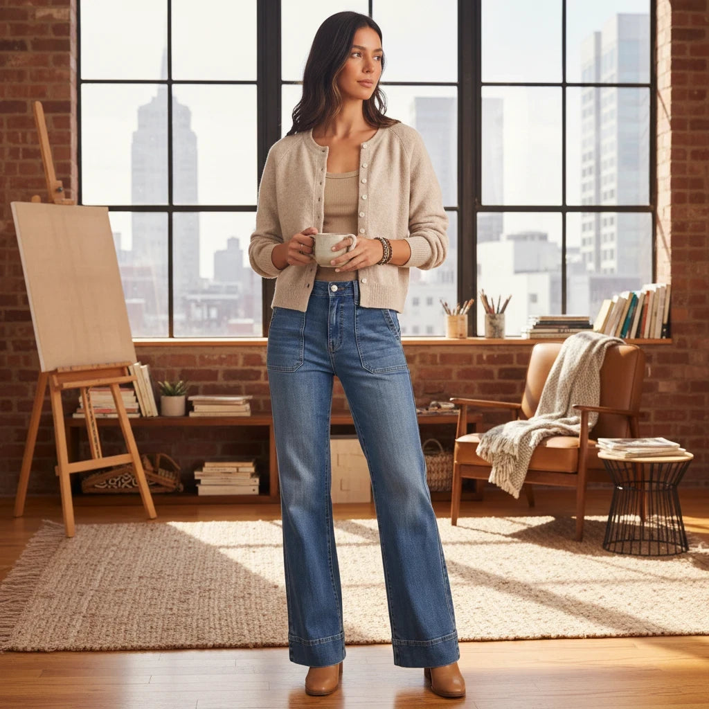 Apricot Lane Duluth beige knit button-front cardigan worn by a woman with blue jeans in a sunlit studio apartment.