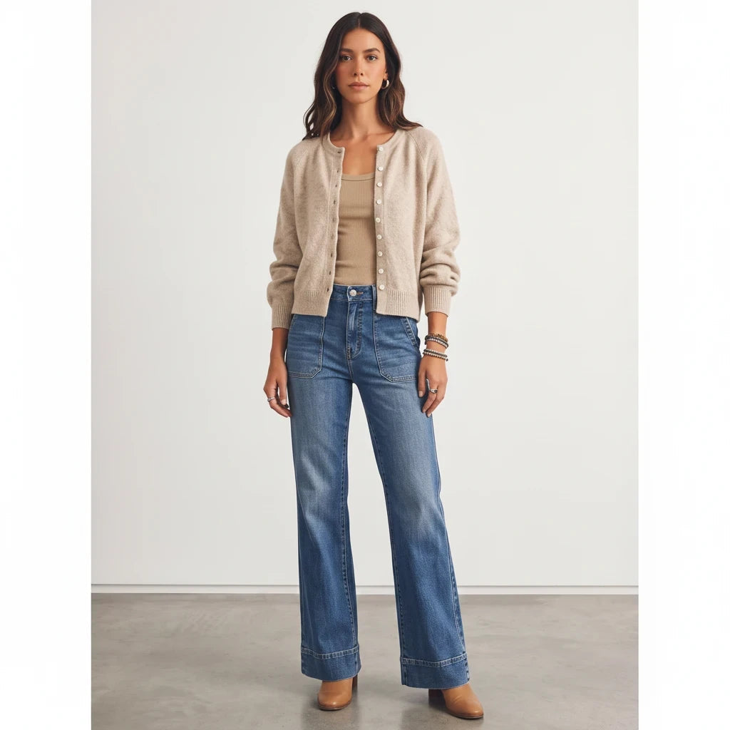 Model wearing an Apricot Lane Duluth beige button-front knit cardigan over a tank top and wide-leg blue denim jeans.