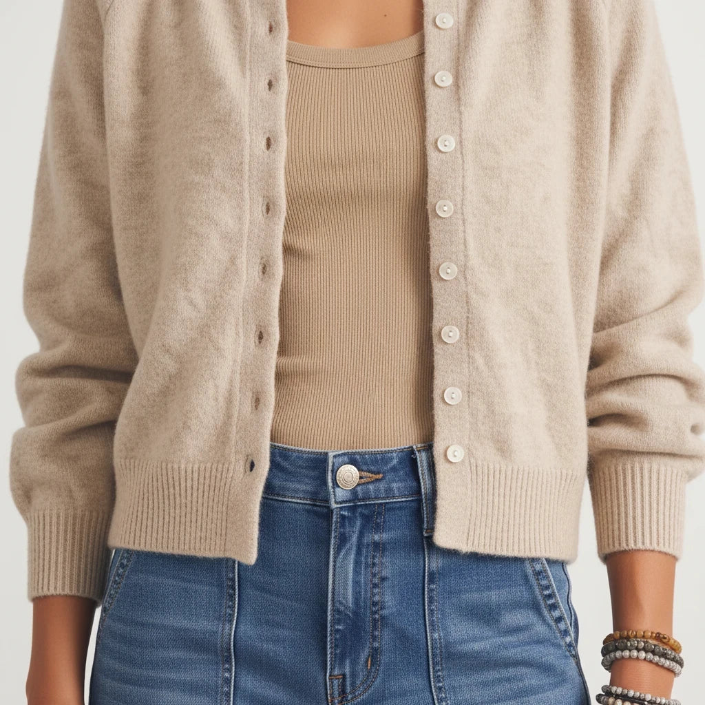 Apricot Lane Duluth beige soft knit button-front cardigan layered over a matching tank top and blue denim jeans