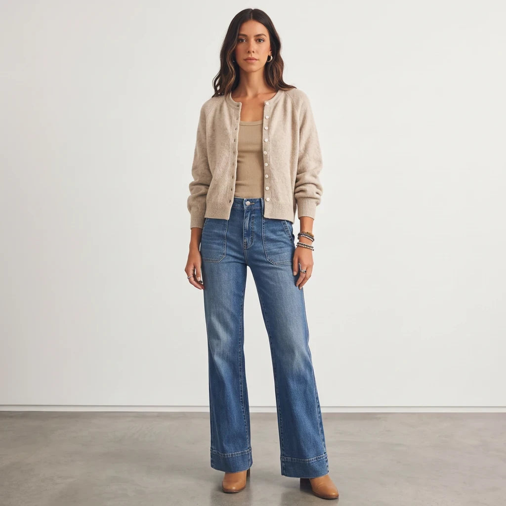 Model wearing Apricot Lane Duluth beige knit button-front cardigan with blue wide-leg jeans and tan boots