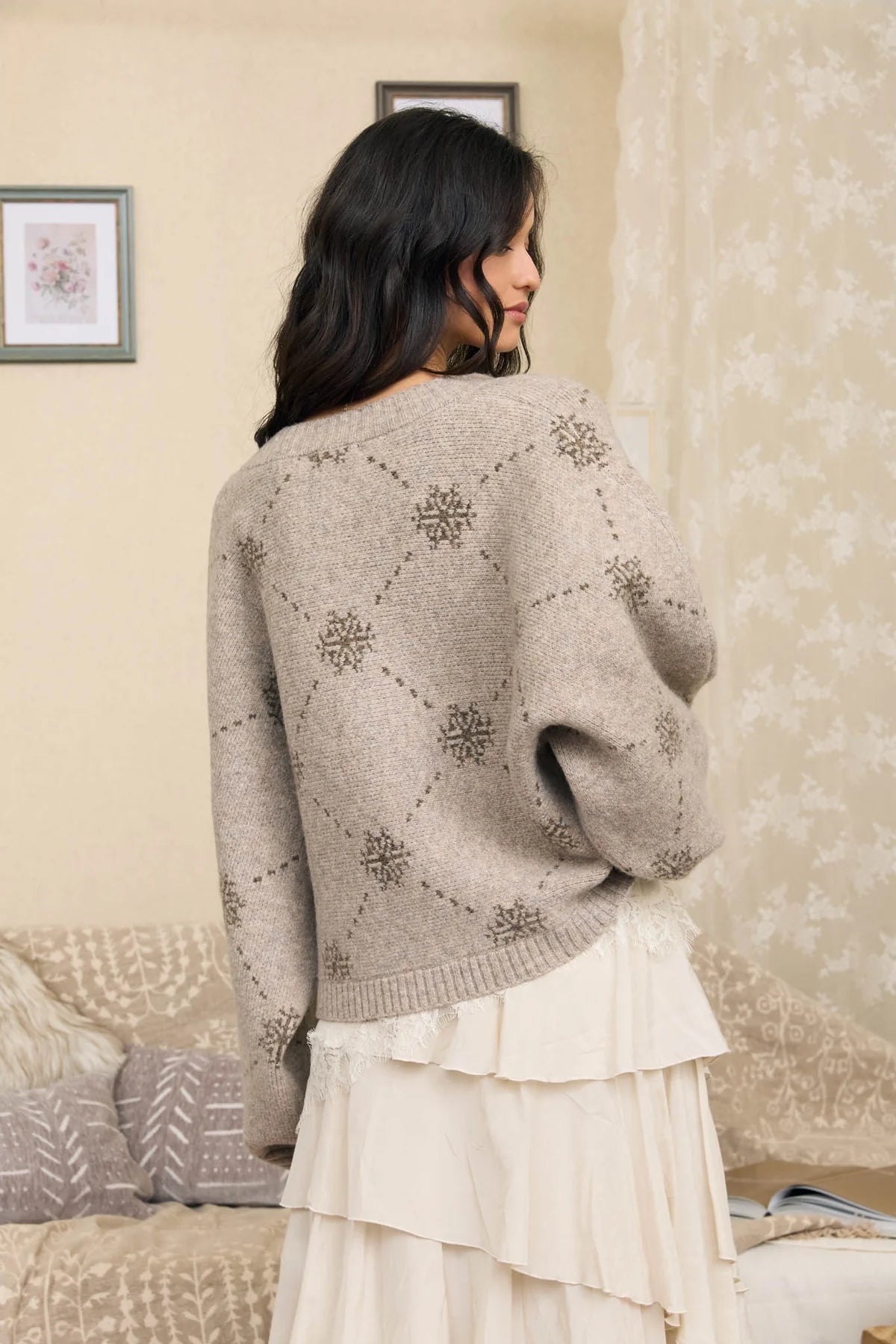 Apricot Lane Duluth beige wool-blend cardigan with snowflake and diamond jacquard pattern and ribbed trim