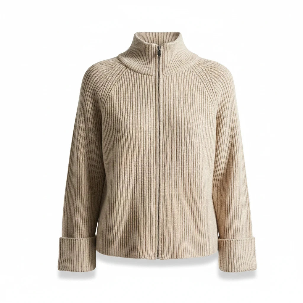 Apricot Lane Duluth Avery beige textured zip-up knit cardigan with a mock neck and cuffed long sleeves.