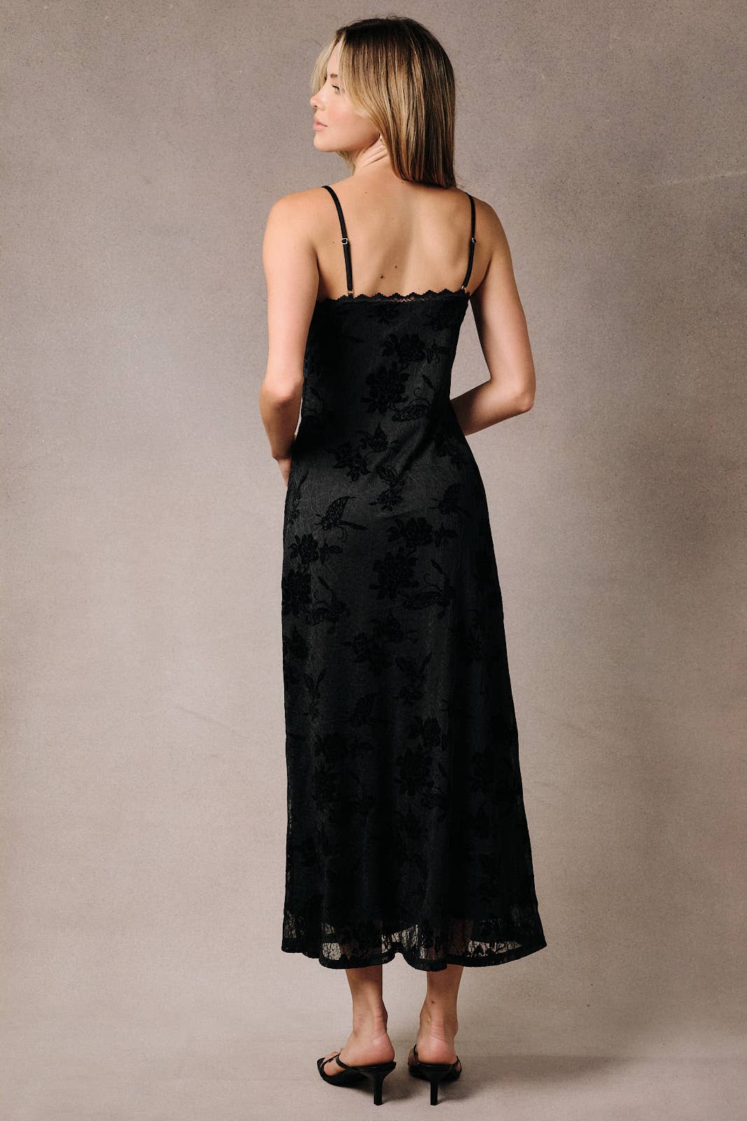 Apricot Lane Duluth black floral velvet burnout midi slip dress with scalloped lace trim and adjustable straps