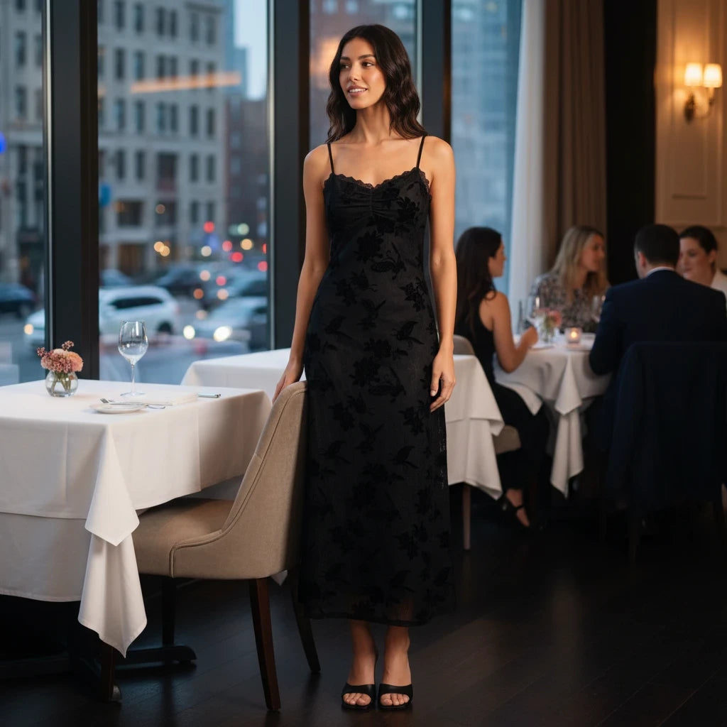Model wearing Apricot Lane Duluth black floral velvet burnout midi slip dress with lace trim in a restaurant setting