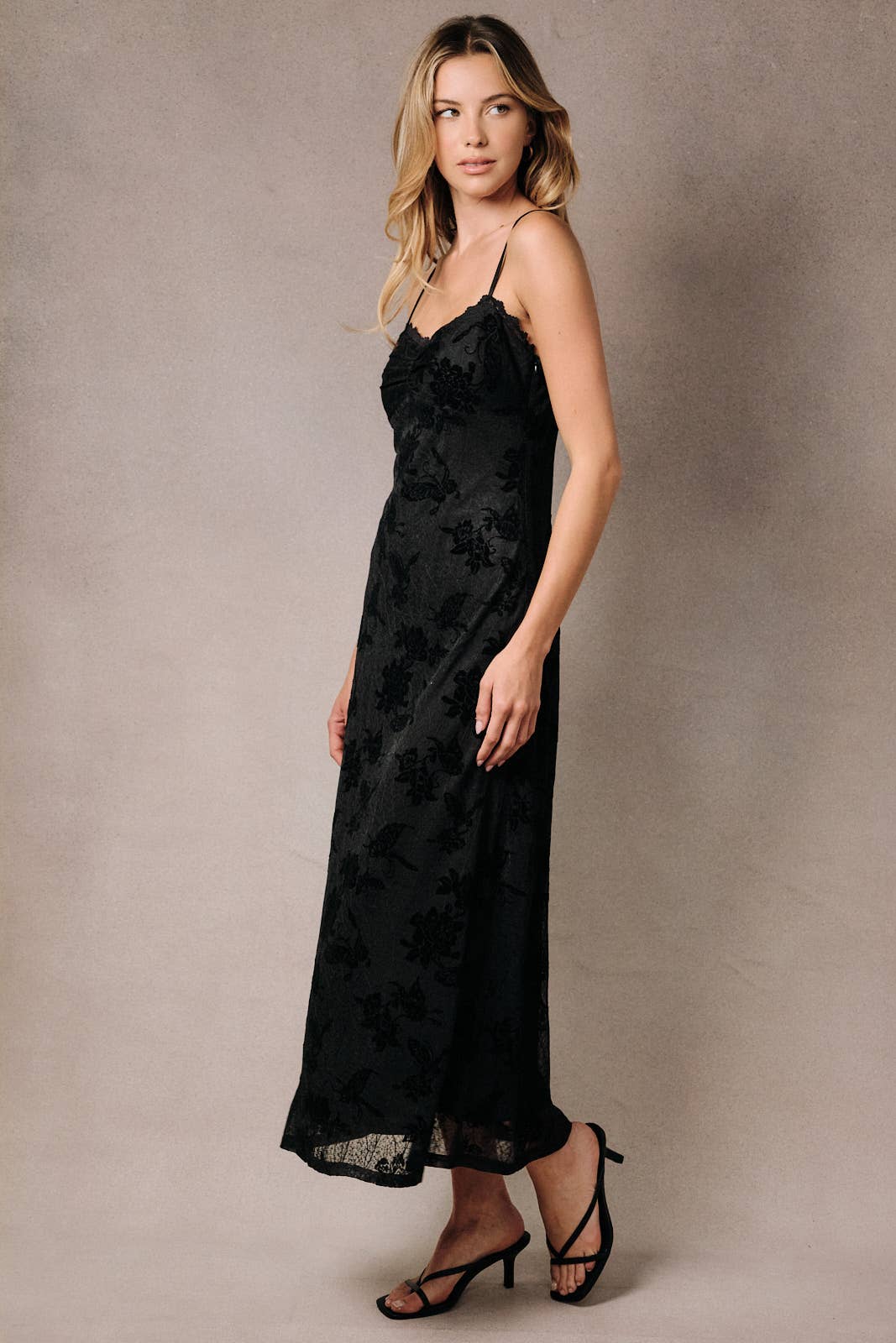 Apricot Lane Duluth Colette black midi slip dress in floral velvet burnout fabric with scalloped lace trim