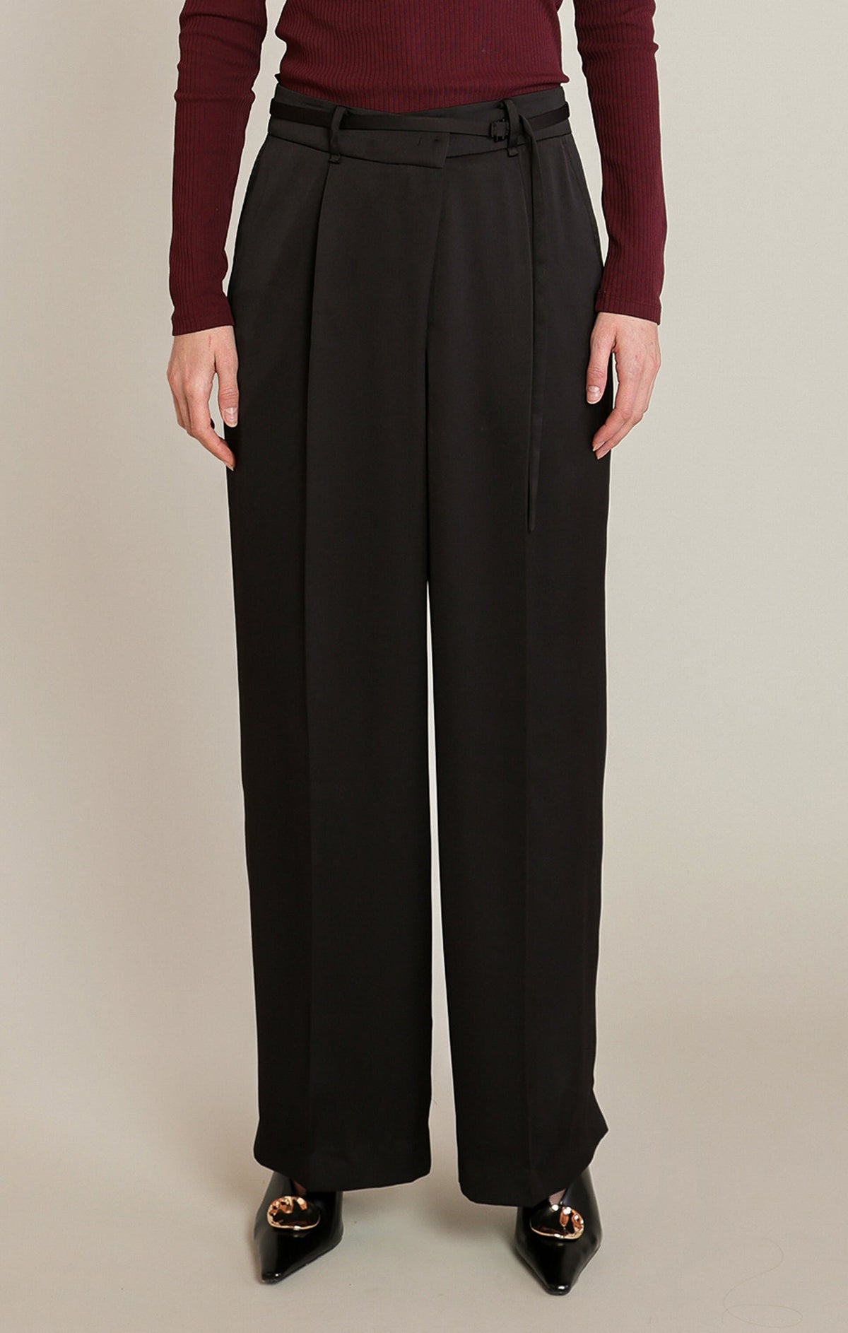 Apricot Lane Duluth black satin belted wide-leg trousers with a fluid drape and high-waisted fit