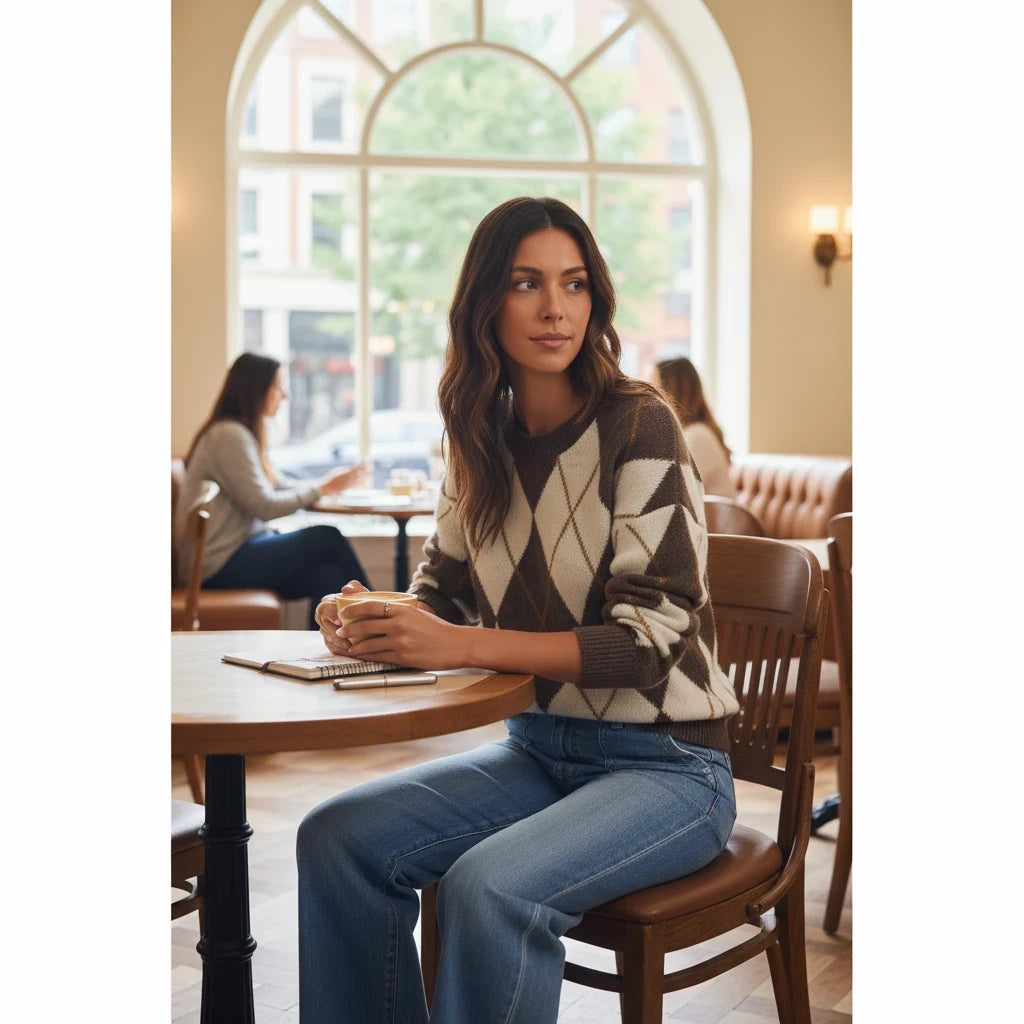 Woman wearing an Apricot Lane Duluth brown and cream argyle sweater with blue jeans, sitting in a cafe.