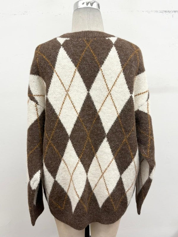Apricot Lane Duluth brown and cream argyle knit sweater with a classic pattern and long sleeves, back view.