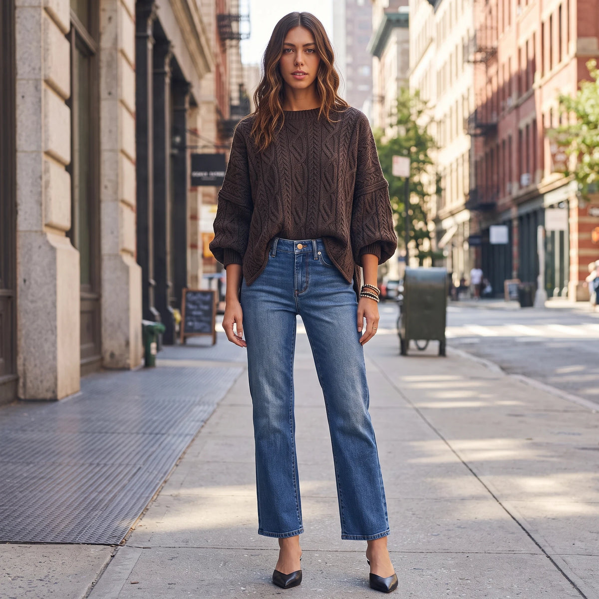 Model wearing Apricot Lane Duluth brown oversized cable knit sweater with blue jeans and black heels on city street.