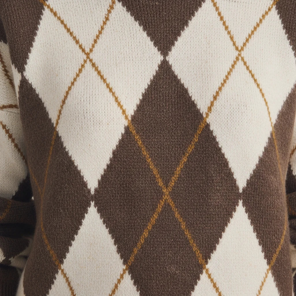 Apricot Lane Duluth brown and cream argyle knit sweater with a classic diamond pattern and soft texture