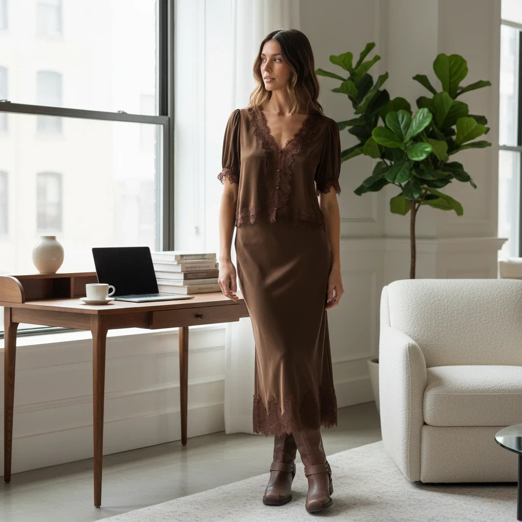 Apricot Lane Duluth model wearing a brown satin blouse with lace trim and matching midi skirt in a bright home office
