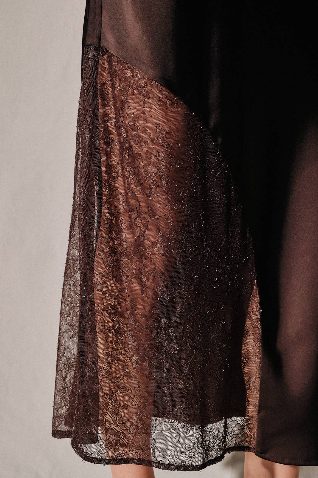 Apricot Lane Duluth brown satin midi dress featuring intricate sheer lace side panel inserts