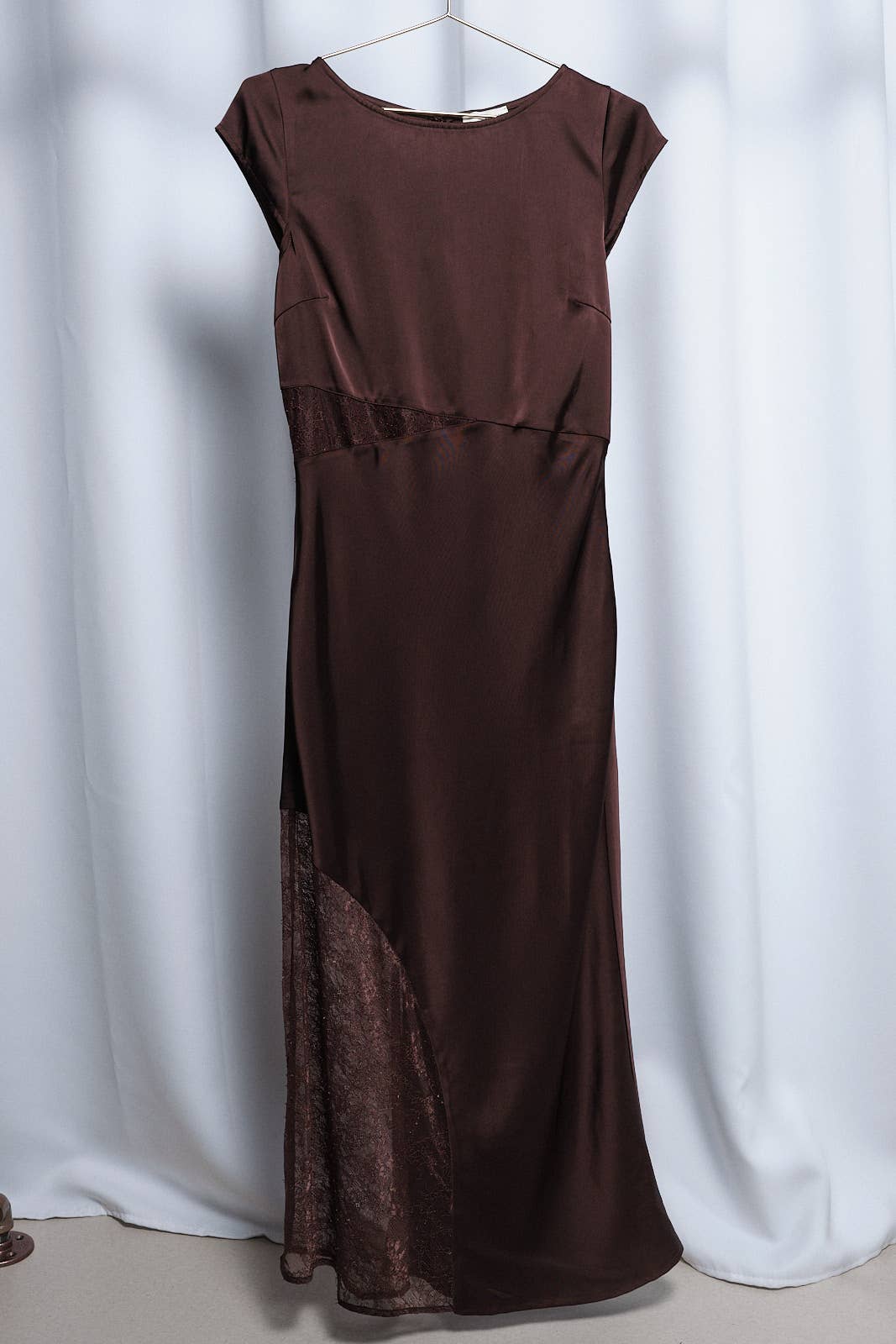 Apricot Lane Duluth brown satin midi dress with cap sleeves, boat neckline, and delicate sheer lace waist and hem inserts.