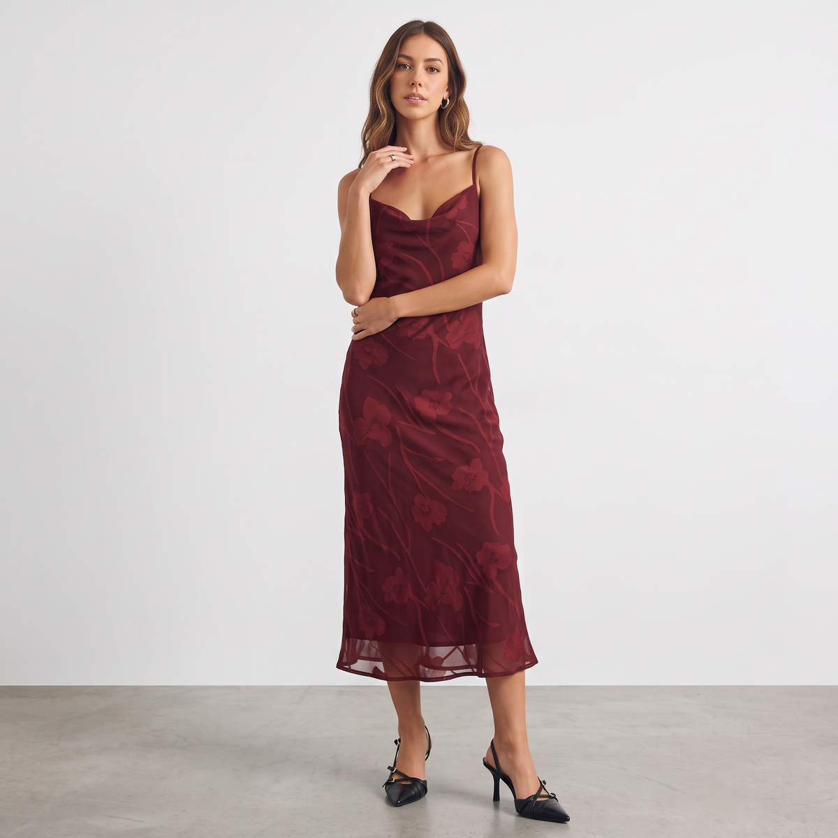 Apricot Lane Duluth Delaney floral burnout midi slip dress in deep burgundy with a draped cowl neckline