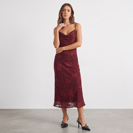 Apricot Lane Duluth Delaney floral burnout midi slip dress in deep burgundy with a draped cowl neckline