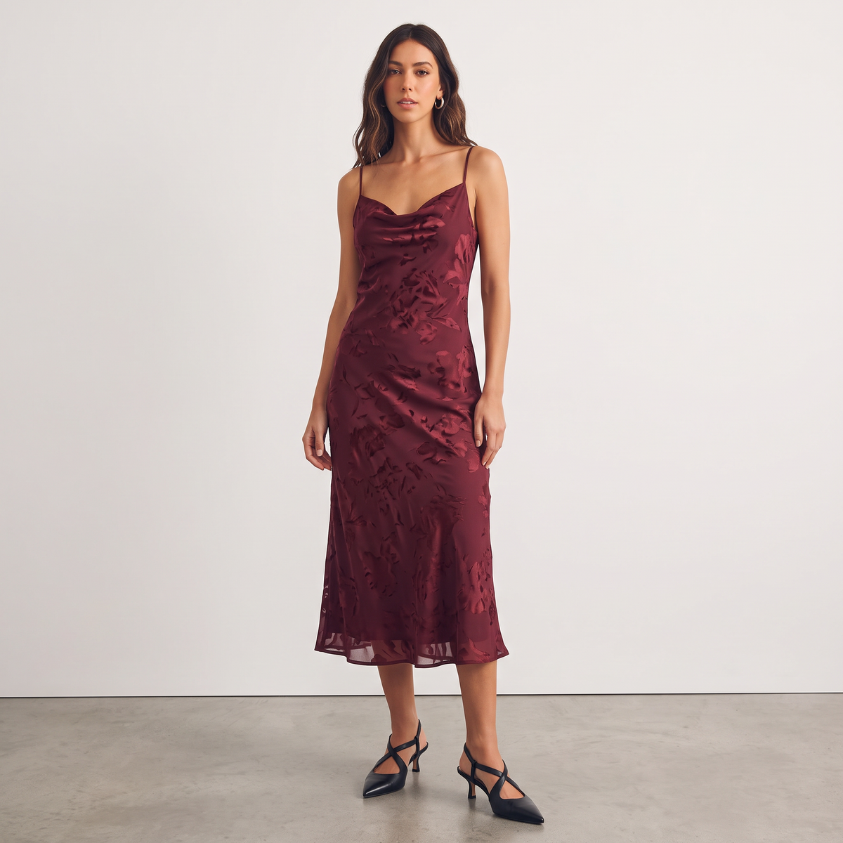 Apricot Lane Duluth burgundy floral burnout midi slip dress with a draped cowl neckline and adjustable straps.