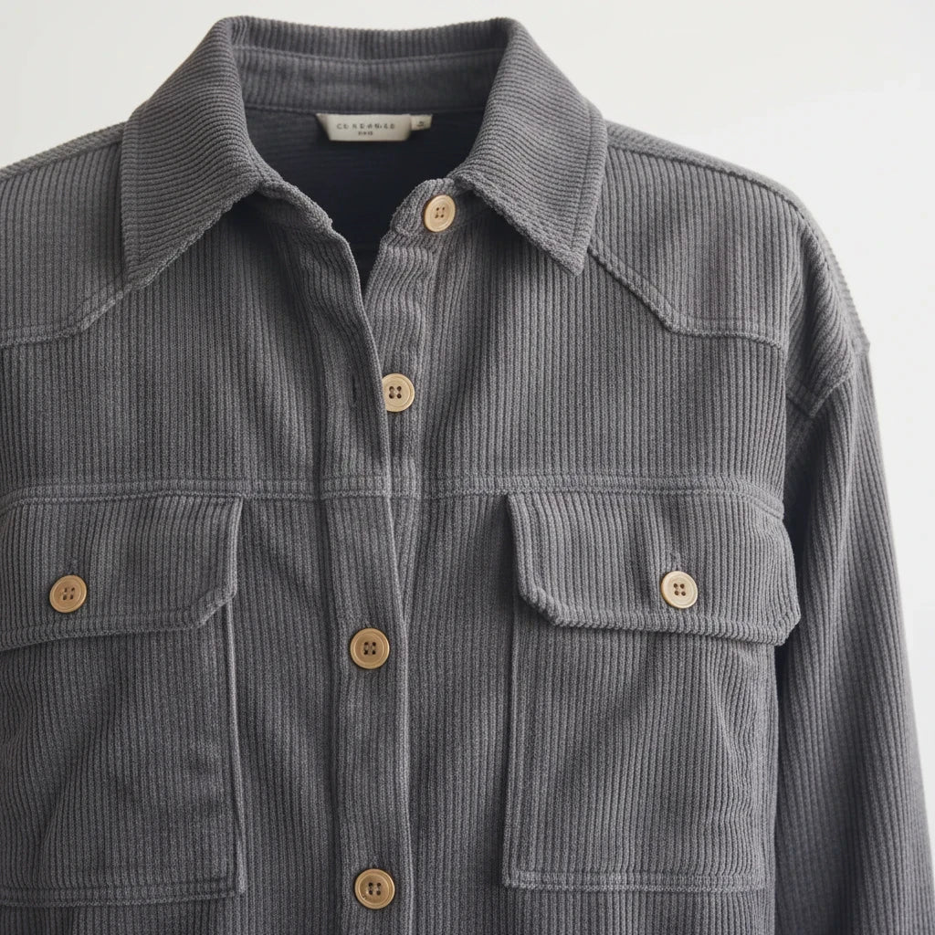 Apricot Lane Duluth Hadley oversized charcoal grey corduroy shacket with button-up front and dual chest pockets
