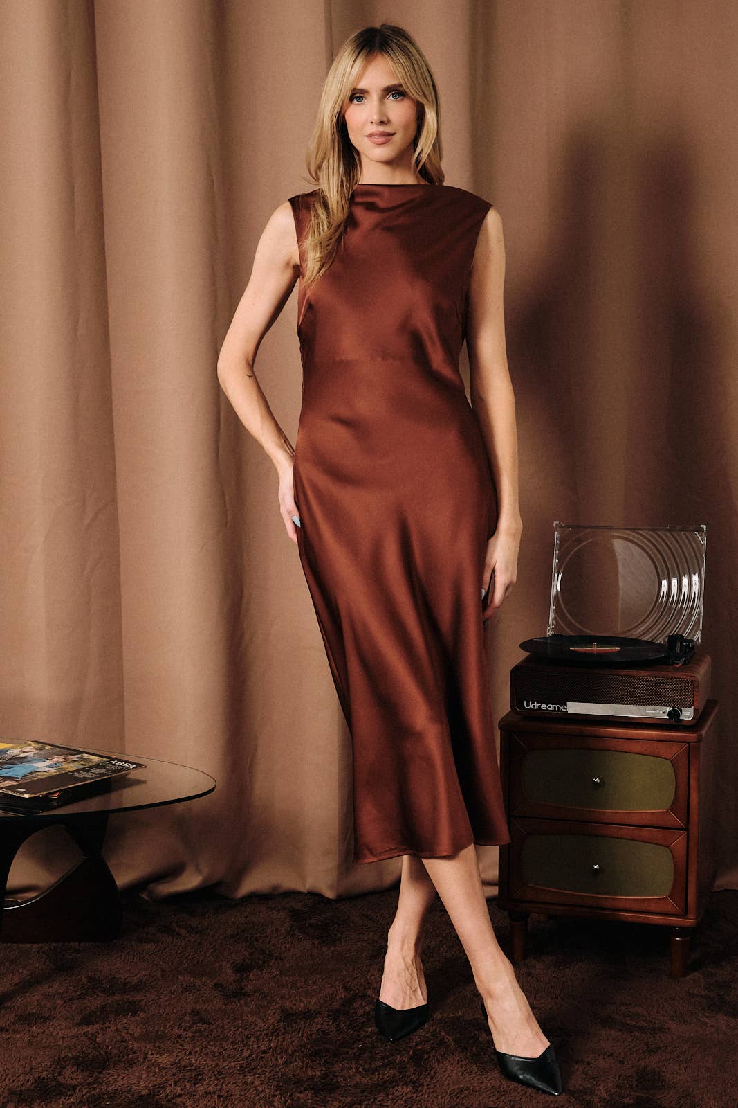 Apricot Lane Duluth chocolate brown satin midi slip dress with a draped cowl neckline and fluid bias-cut silhouette.