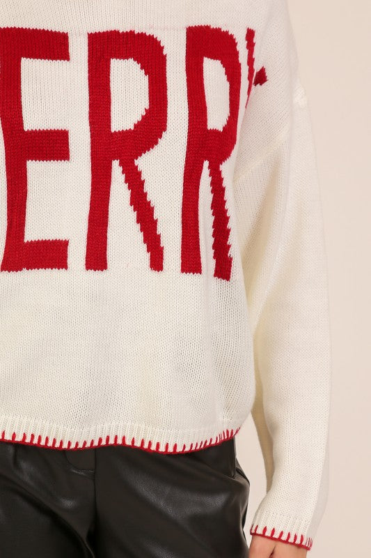 Apricot Lane Duluth cream knit sweater with bold red MERRY graphic and contrast red hem detail
