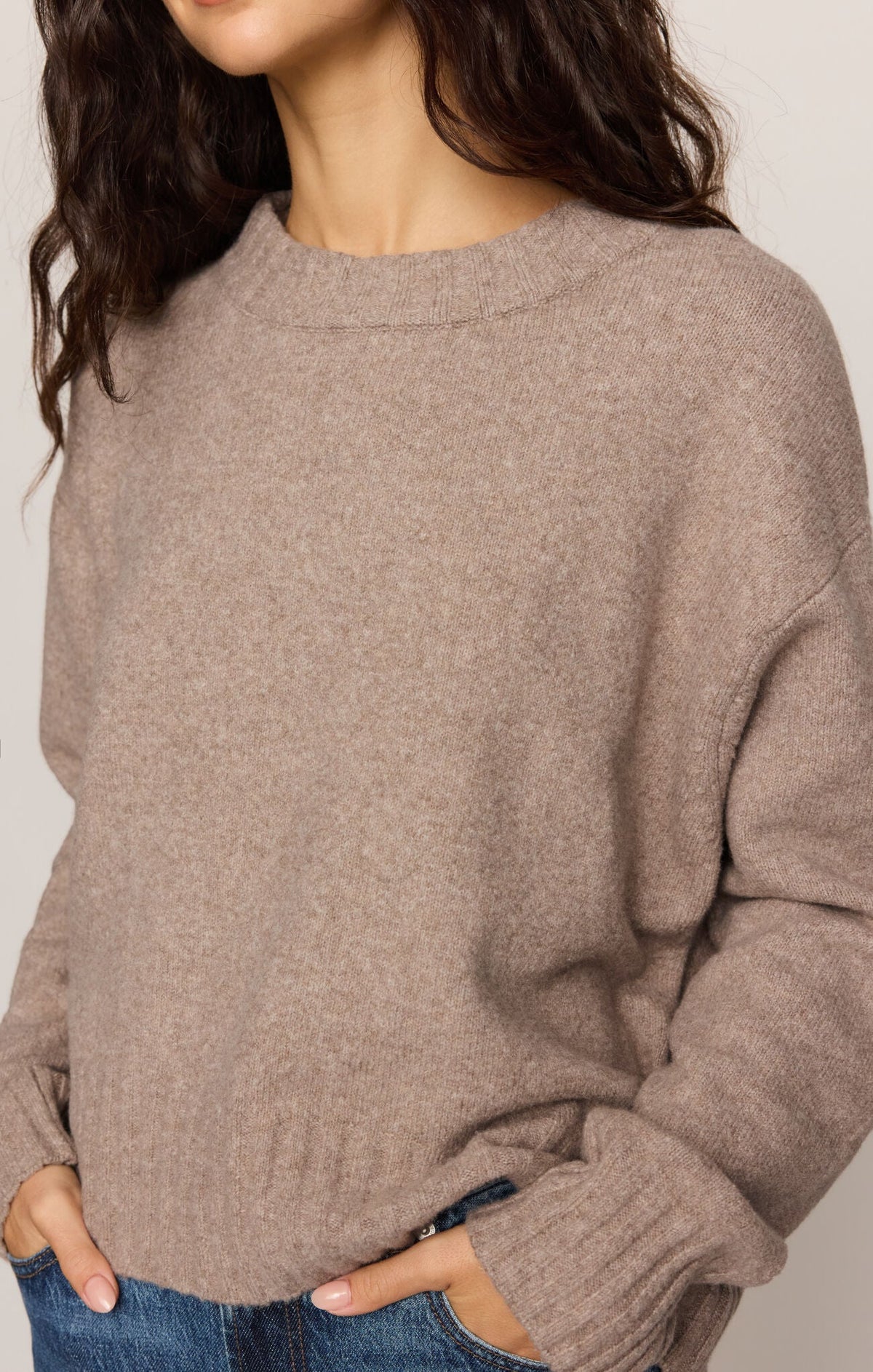Apricot Lane Duluth Easton pullover sweater in a soft taupe Cirrus Cozy Yarn with a classic crew neck and long sleeves