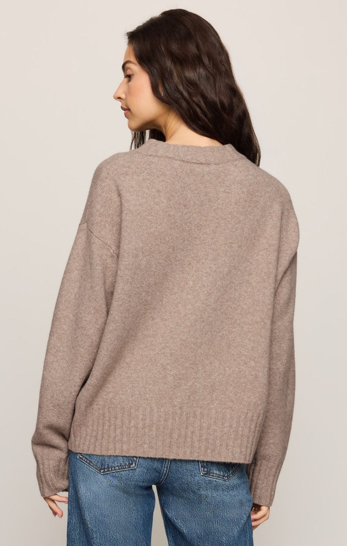 Apricot Lane Duluth Easton pullover sweater in taupe Cirrus Cozy Yarn with crew neck, worn by a model from behind.