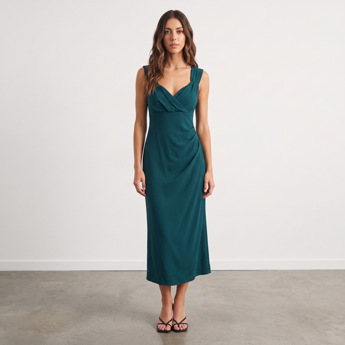 Model wearing an Apricot Lane Duluth dark teal midi dress with a ruched sweetheart bust and bias-cut silhouette.