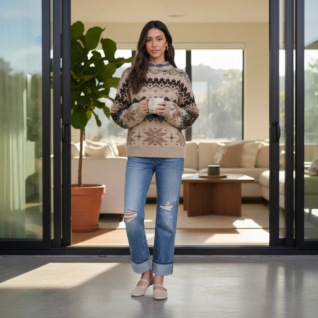 Model wearing an Apricot Lane Duluth Aspen Fair Isle mock neck sweater with blue distressed jeans in a bright room.