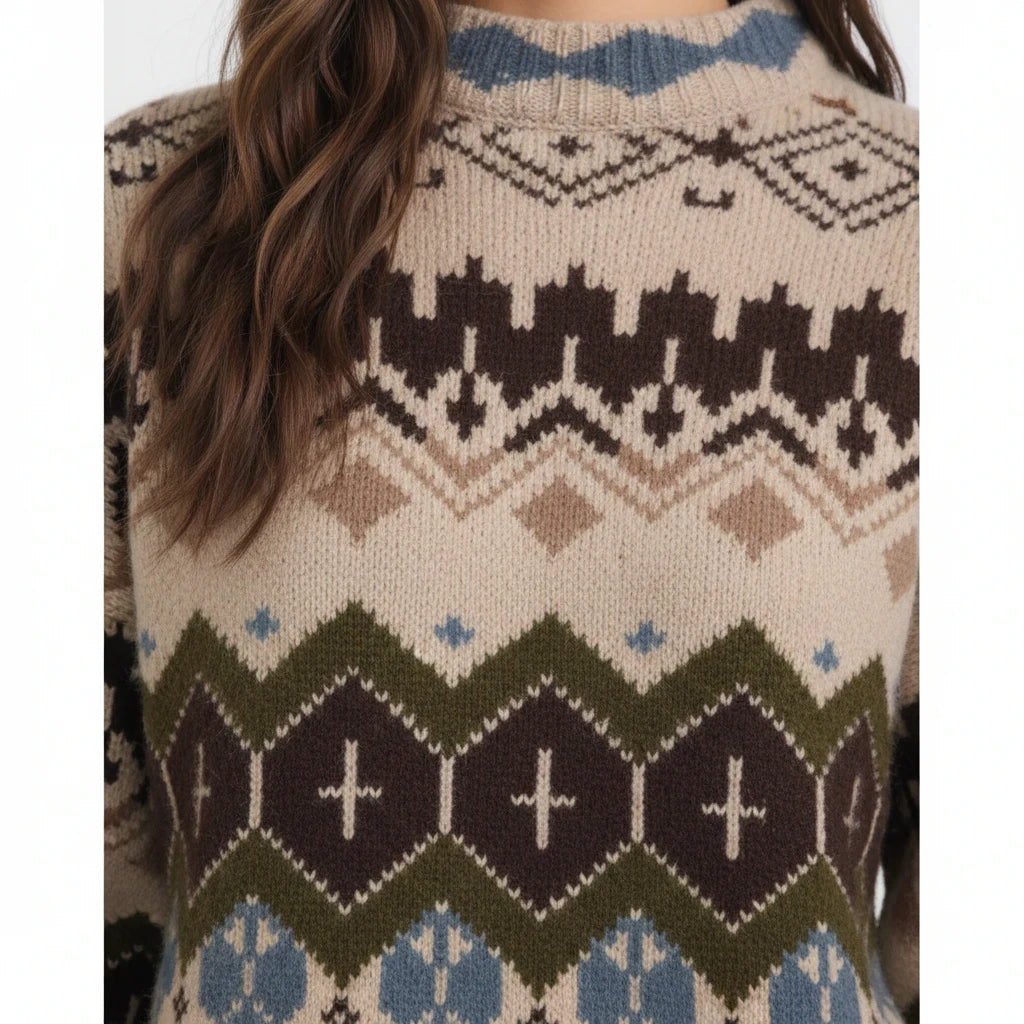 Apricot Lane Duluth mock neck sweater in beige with a multi-color Fair Isle winter pattern and jacquard knit texture.
