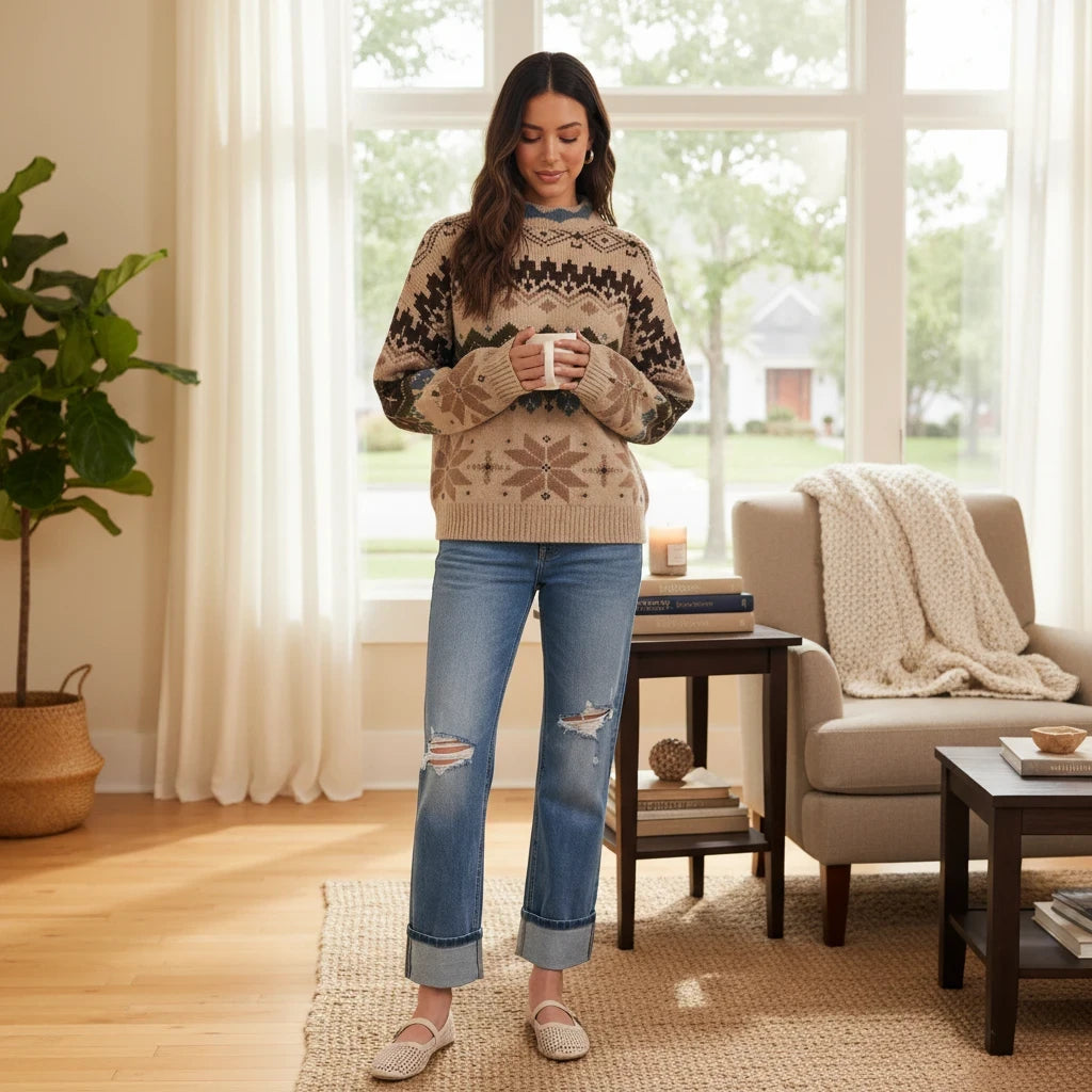 Apricot Lane Duluth Aspen Fair Isle mock neck sweater in beige with winter motifs, worn with distressed blue jeans.