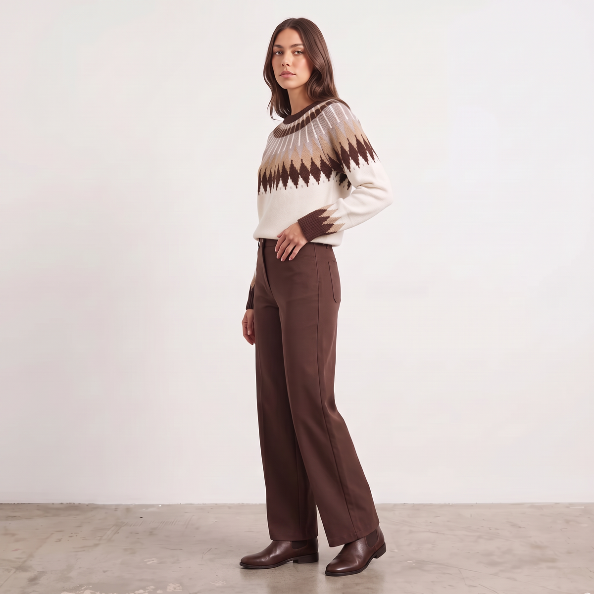 Model wearing Apricot Lane Duluth Brynn Fair Isle sweater with geometric yoke, brown trousers, and ankle boots.
