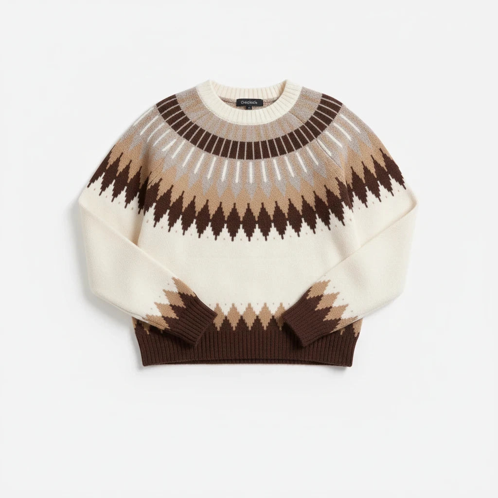 Apricot Lane Duluth Brynn Fair Isle yoke sweater in cream with brown and tan geometric patterns and ribbed trim.