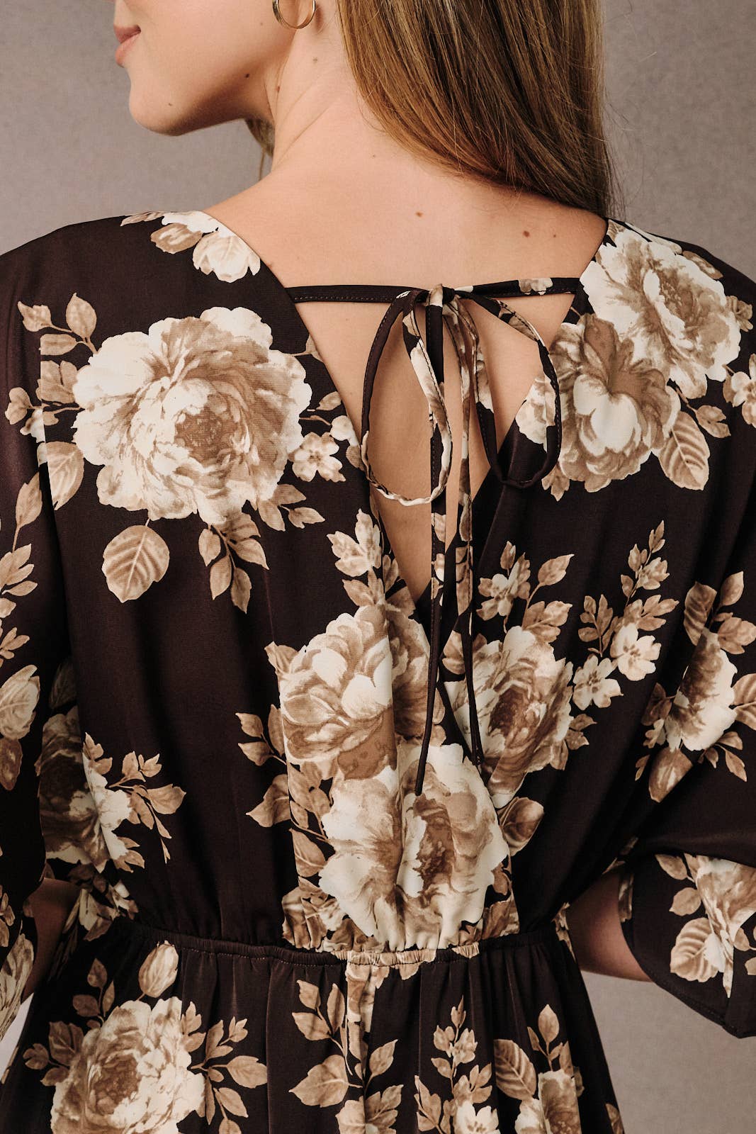 Apricot Lane Duluth floral midi dress with kimono sleeves and a delicate tie-back keyhole detail in dark brown.