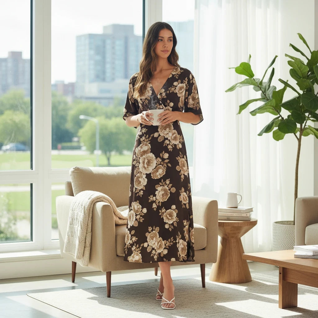 Apricot Lane Duluth floral midi dress with kimono sleeves and surplice neckline worn by a woman in a bright room.