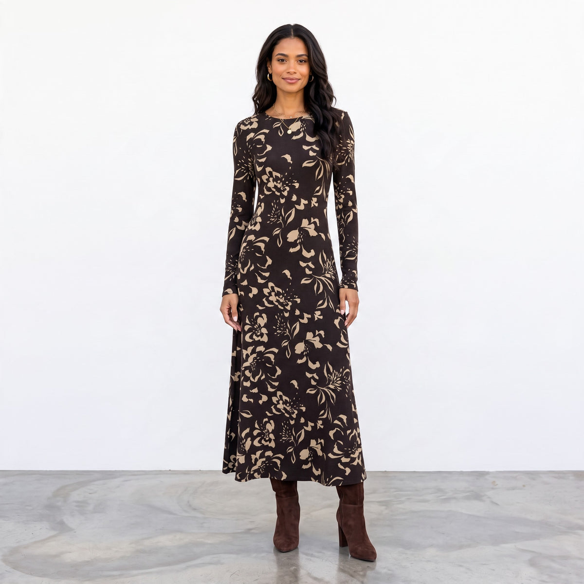 Apricot Lane Duluth Lilian Freya floral midi dress in brown stretch jersey with long sleeves and a boat neckline