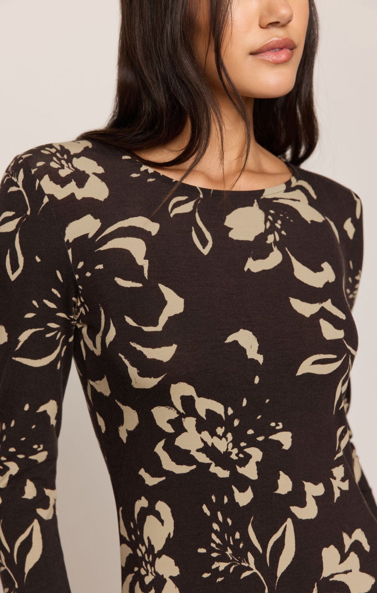 Apricot Lane Duluth Lilian Freya midi dress in brown and beige floral print with a boat neckline and long sleeves