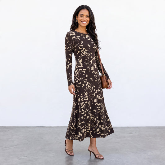 Model wearing Apricot Lane Duluth Lilian Freya floral midi dress in brown stretch jersey with long sleeves