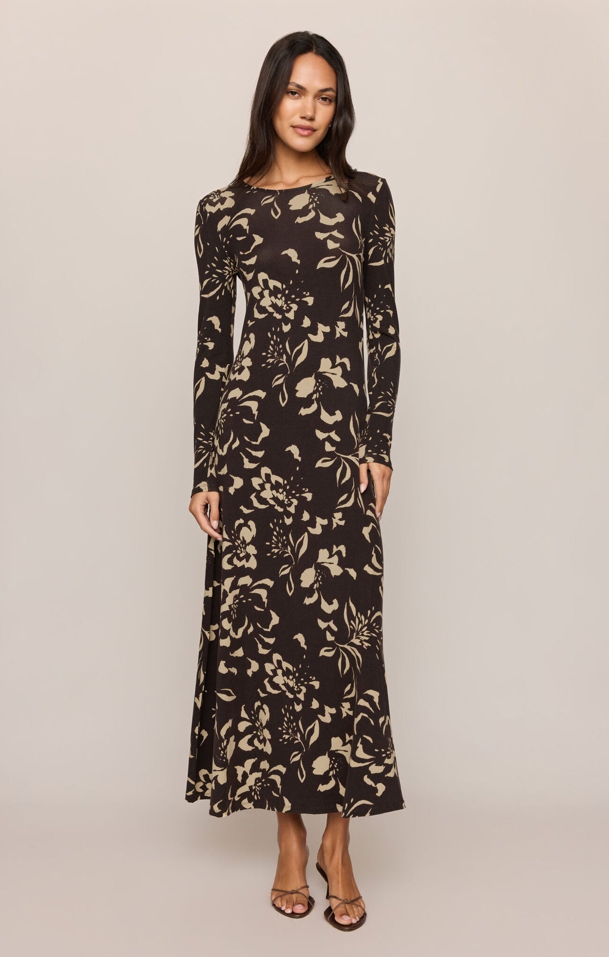 Apricot Lane Duluth Lilian Freya floral midi dress in stretch jersey with long sleeves and a boat neckline