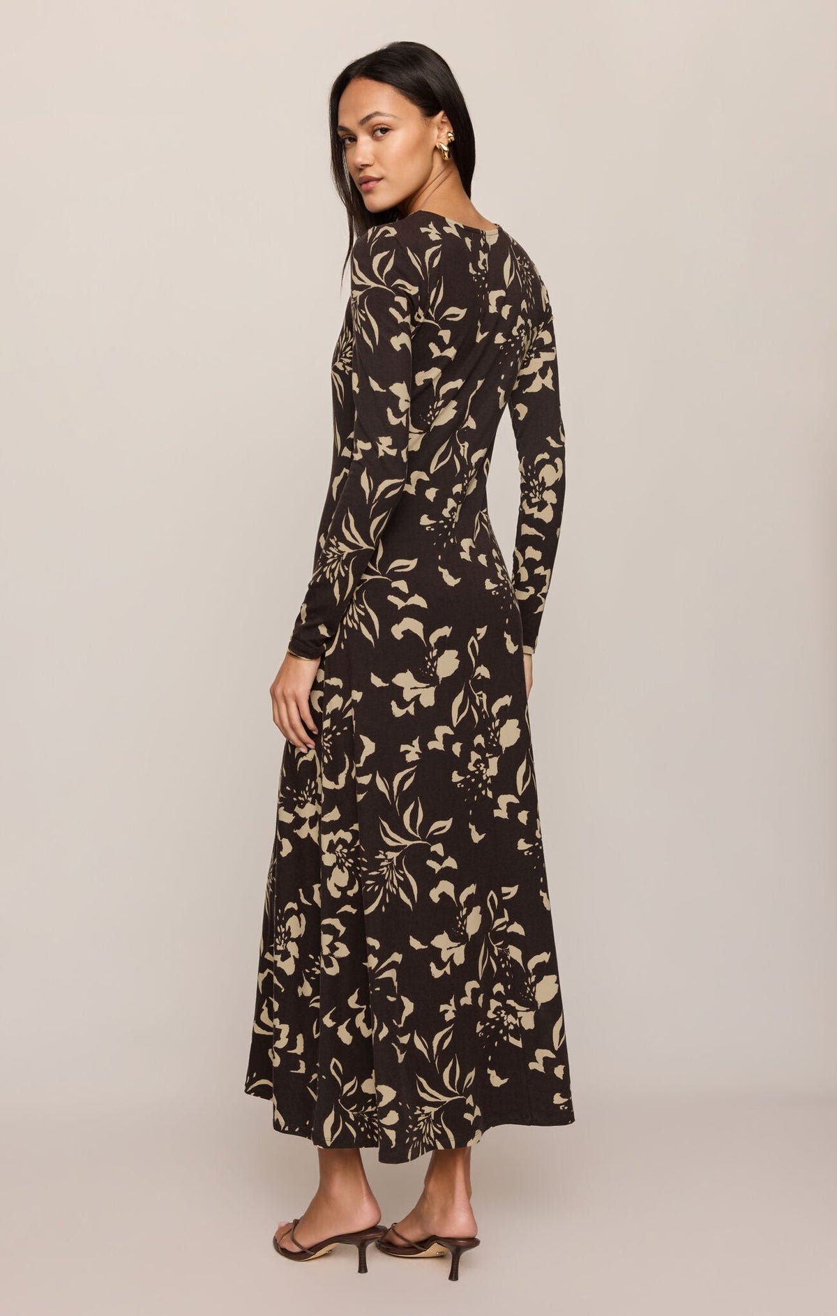 Apricot Lane Duluth Lilian Freya floral midi dress in black and beige stretch jersey with long sleeves and boat neck